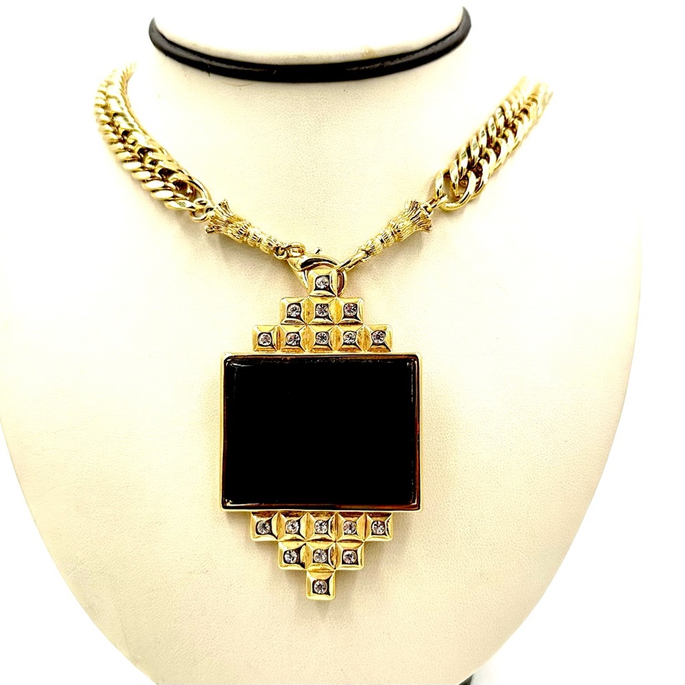 SMB Sandra Miller Burrows Pin Pendant Necklace Gold Tone Black Rhinestones